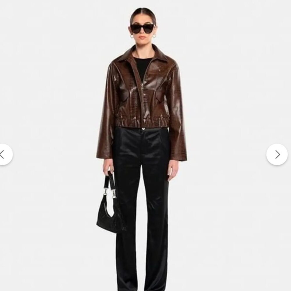 OW Collection Crocodile Embossed Faux Leather Jacket — Brown, Size Small